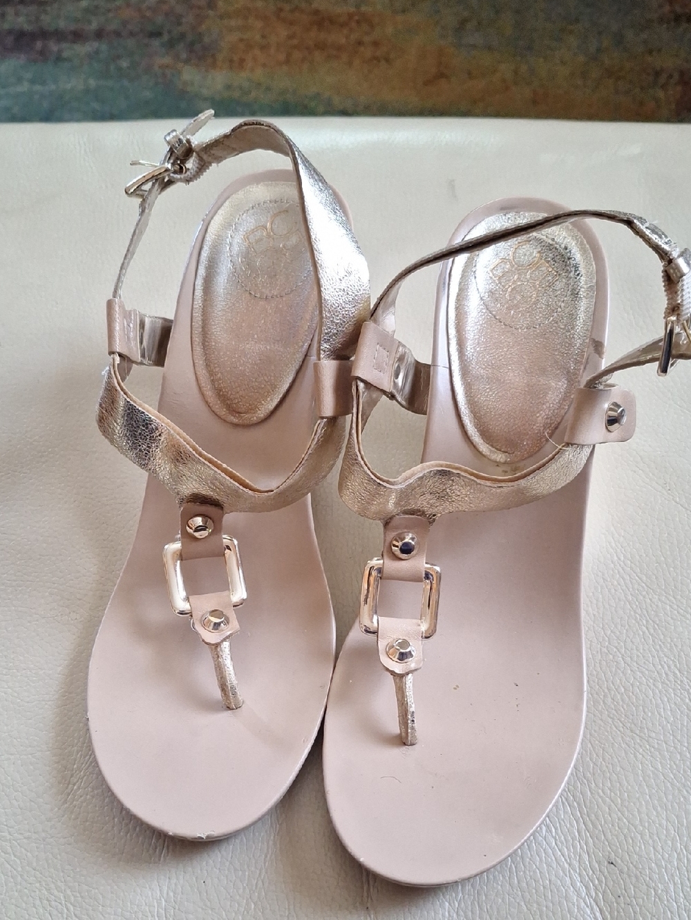 BCBGeneration Metallic Gold Wedge T-Strap Sandals